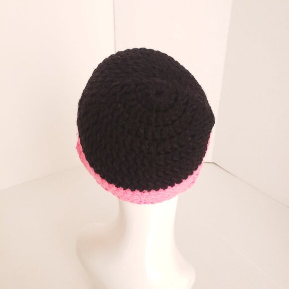 New Handmade Crochet Black and Pink Hat Beanie with Ear Flaps - Picture 4 of 8